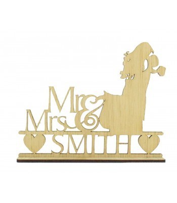 Laser Cut Oak Veneer Personalised 'Mr & Mrs' Wedding Sign on a stand - Bride & Groom Design